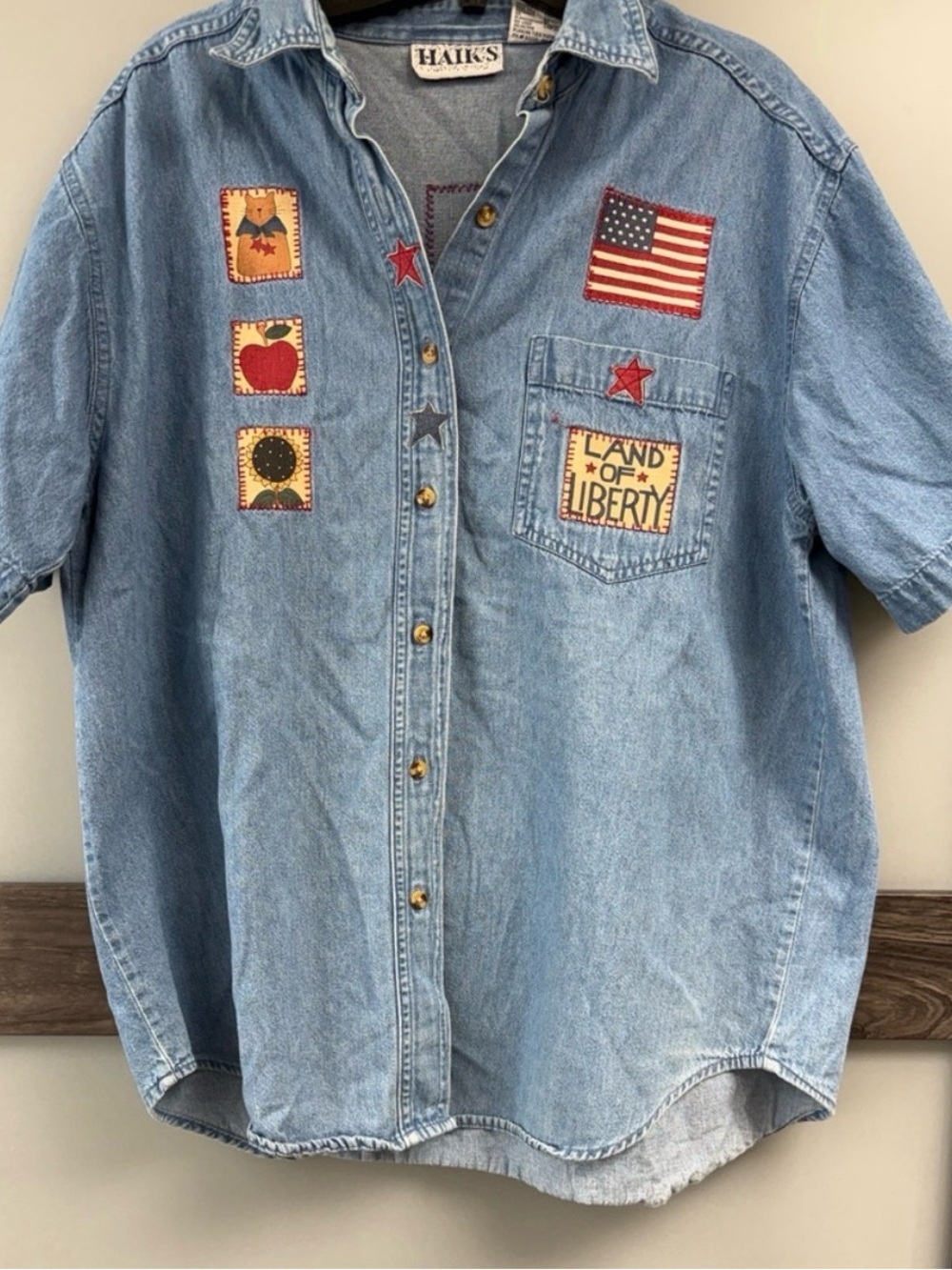 Vintage Denim Button Down Shirt with Patriotic Patches